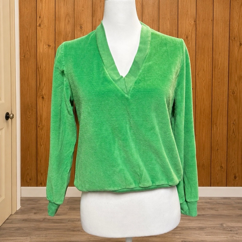 Vintage 70s Green velour top J.M.PIPP V-neck Shirt Long Sleeve‎ Size Large